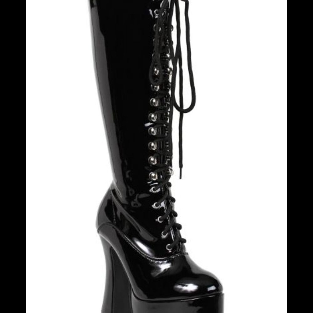Black High Wedge Lace Up Knee High Boots - Sexy Shoes - Halloween Costume - NWT